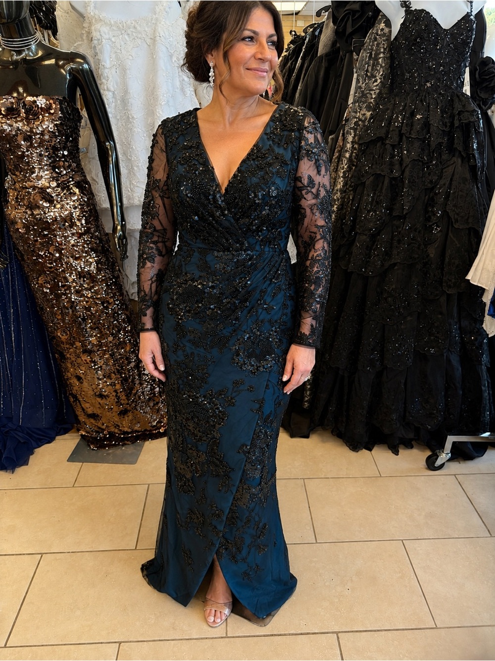 Black Lace with blue under Evening Gown with Beaded Detail and lace sleeves sz 4